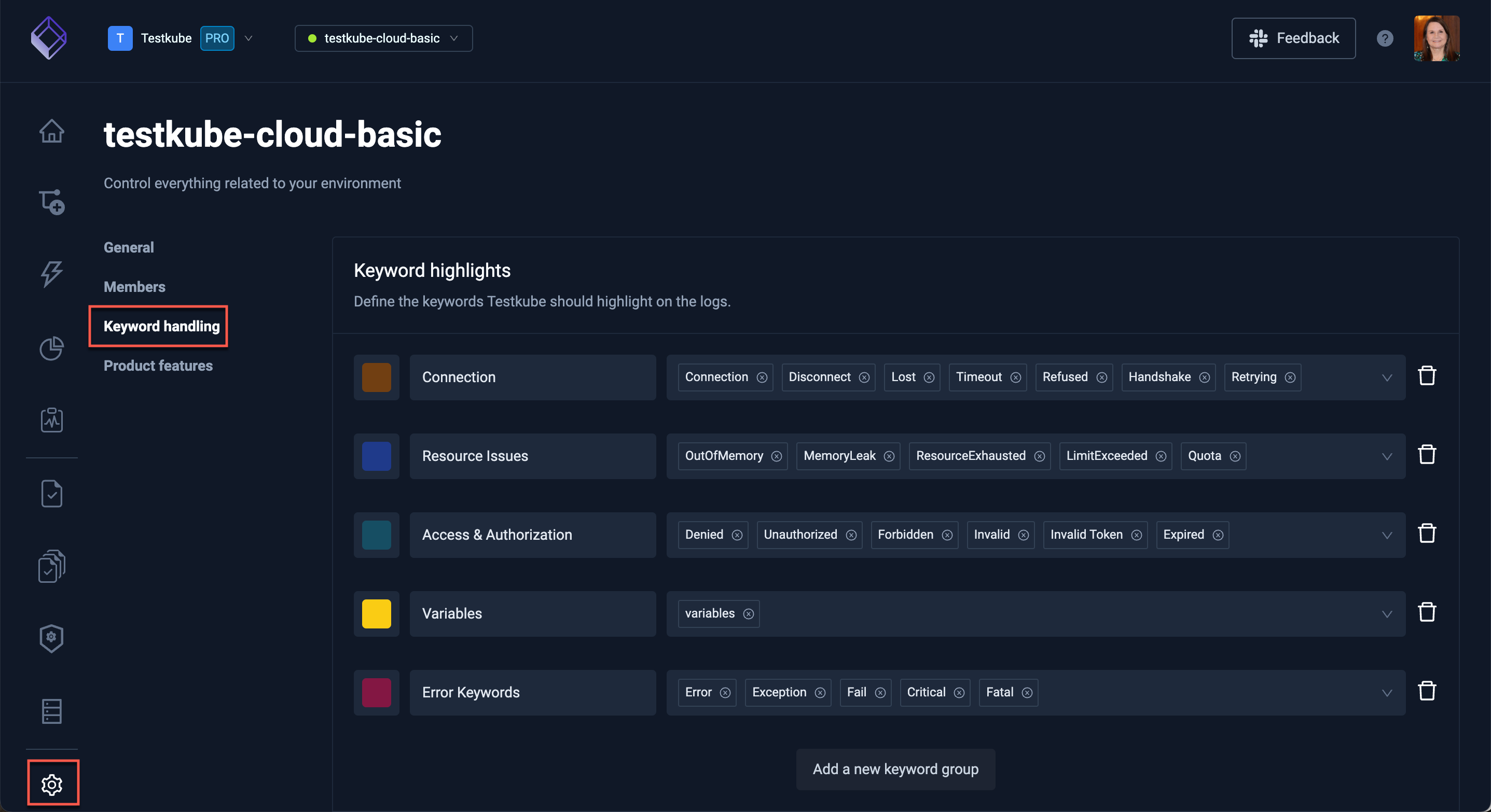 Keyword Highlighting Settings Dashboard