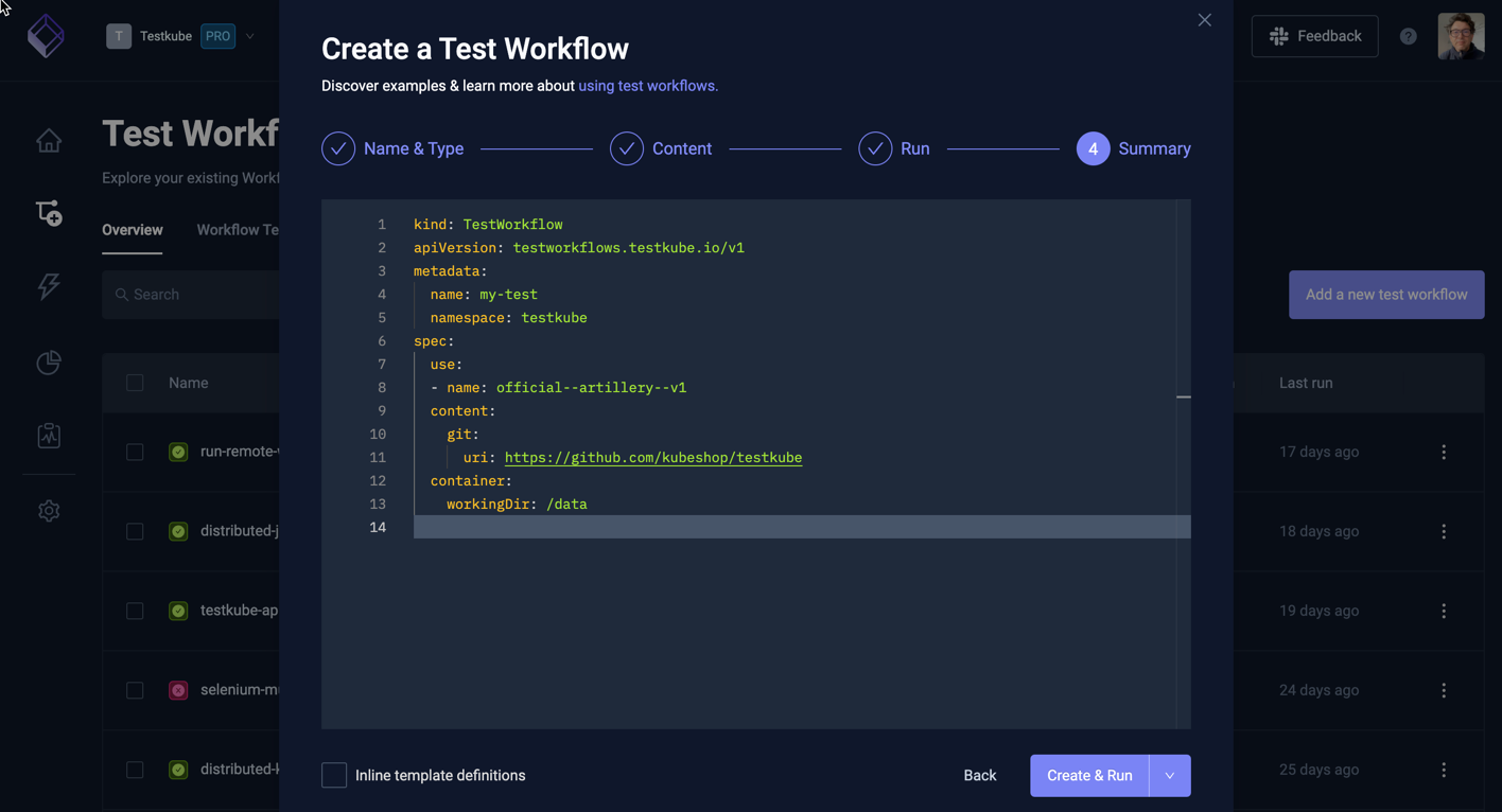 Test Workflow Wizard Summary